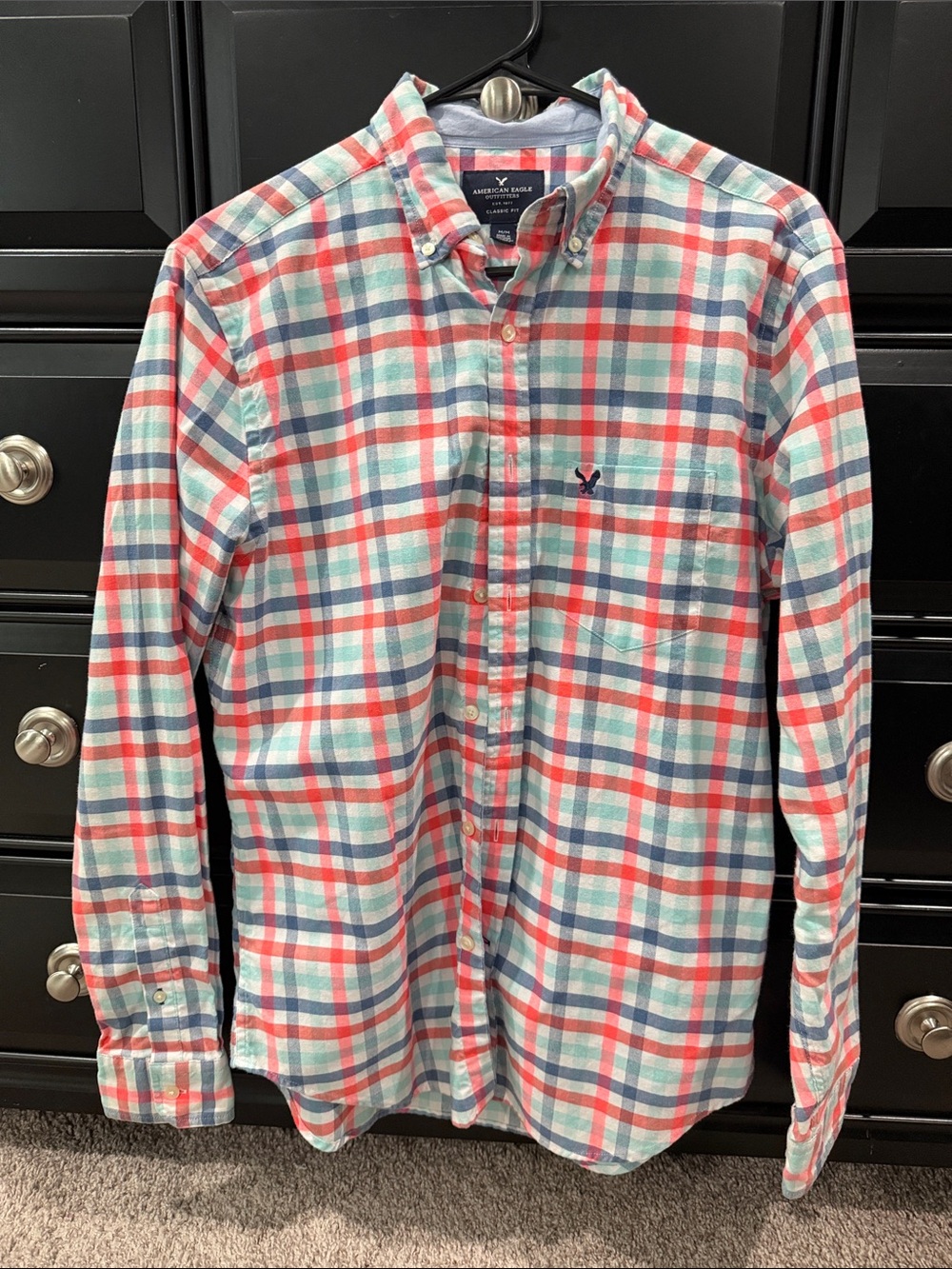 American Eagle Outfitters Men’s Plaid Button-Down Shirt - Coral, Teal & Navy